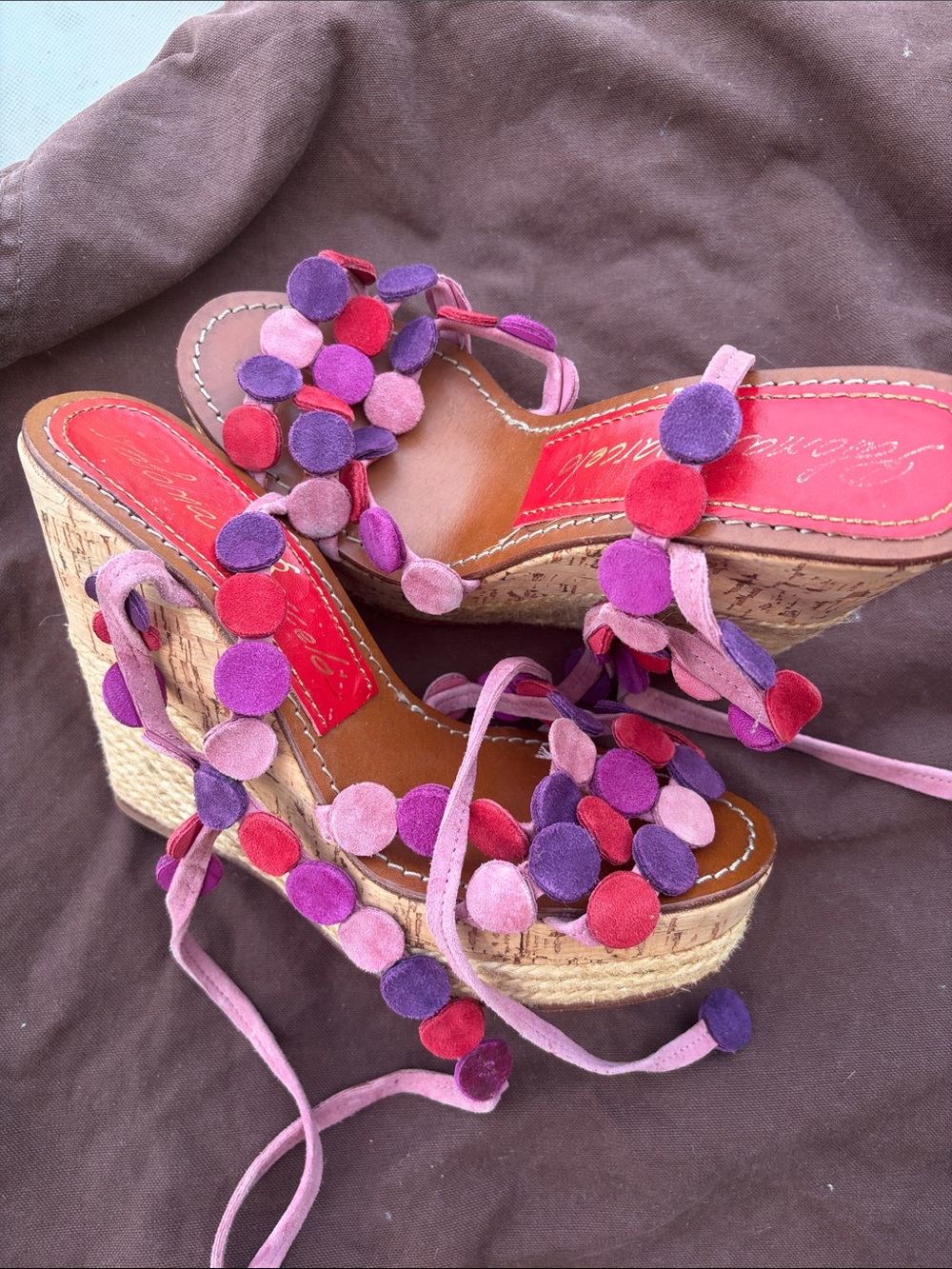 Paloma barcello Colorful Suede Dot Lace-Up Wedge Sandals - Pink / Purple